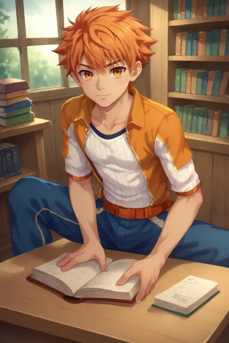 score_9, score_8_up, score_7_up, , rating_safe, , (realistic:0.6), looking at viewer, depth of field, 1boy, solo, male focus, <lora:jirou_camp_buddy_pony:0.92>, jirou_camp_buddy, orange hair, orange eyes, , library, bookshelf, sunbeam, window, book, reading, afternoon, sitting cross-legged, absorbed expression, , <lora:sdxl_lightning_8step_lora:1>