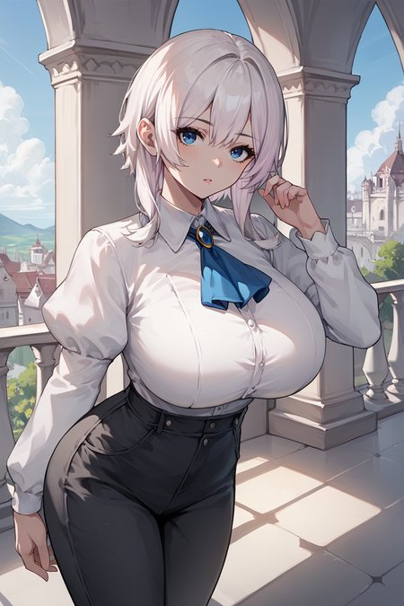 score_9, score_8_up, score_7_up, score_6_up, source_anime BREAK 1girl, solo  <lora:doaluna-pdxl-nvwls-v1-000005:1> doaLuna, blue eyes, white hair, large breasts, white shirt, collared shirt, puffy sleeves, ascot, black pants, mansion, looking at you