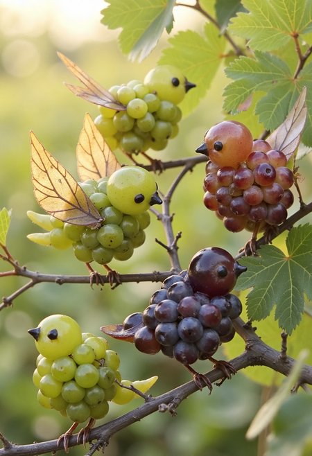 Design a group of tiny, hyper-detailed birds made from grapes. Each bird is composed of a cluster of grapes — the bodies are small green or purple grapes, and the heads are single, slightly smaller grapes with tiny seed-like eyes.
The wings are made from sliced grape skins, shaped into elegant arcs mid-flutter, and the tails are formed from grape stems branching naturally into feather-like sprays. A few drops of juice glisten on their surfaces, adding realism and a mouth-watering texture.
They are perched on thin branches, surrounded by light grapevines with sunbeams peeking through the leaves. The whole scene is airy, luminous, and playful — like a flock of fruit spirits frozen mid-song.