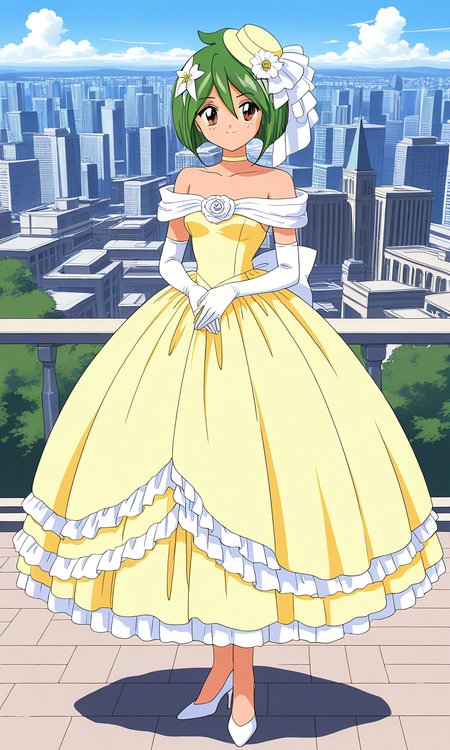 general,highres, ultra-detailed,very aesthetic,best quality ,best hands,  BREAK <lora:Tamano_Hinagiku_IS:1> Tamano_Hinagiku, 1girl,solo, green hair, short hair, brown eyes, hair between eyes, 1990s (style),anime coloring, smile,
wedding dress, high heels, gloves, elbow gloves, 
hat, hair flower, full body, bow, bob cut, shoes, choker, white footwear, yellow dress, smile, standing, hair ornament,
white gloves, frills, bare shoulders, 
city, outdoor, day, sky,