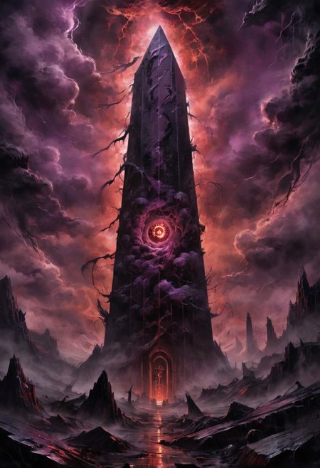 close view on obsidian obelisk, horror atmosphere, EdobHorrorLandscape, purple veins on obelisk, something lurks in the dark, sphere in the sky many eyes looking from it, dark night, very busy sky, storm, dim fog, atmospheric, (red glow), romantic impressionism, absurdres, scenery art, matte painting, horror, beautiful digital painting, anime landscape, scary painting, paintlike, dreamy,