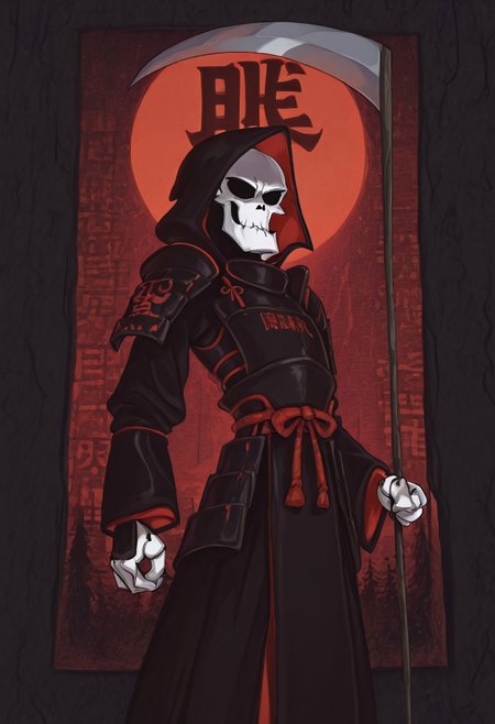 Masterpiece, best quality, highly detailed, Gr1m, RPR, solo, anime style, Grim reaper, samurai armor, samurai helmet, no hood, scythe, Feudal Japan background, detailed background, Red sunset, kanji text in background, close up,