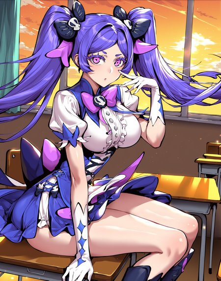 score_9,score_8_up,source_anime,(anime styal:1.1),anime,rating_explicit,1girl,<lora:lanmei-000032:1>,Lanmei haoxiongdi,twintails,purple hair,pink eyes,solo,perfect face,bedutiful eyes,<lora:DetailedEyes_V3:1>,slim waist,<lora:add-detail-xl:2>,<lora:ClearHand-V2:1>,magical girl,bow,gloves,white gloves,boots,breasts,purple bow,dress,skull hair ornament,looking at viewer,hair ornament,large breasts,black bow,black footwear,hair bow,heart,dress,(looking at viewer:1.1),blue sky,Sexy pose,elegant,School,classroom,desks,seats,textbooks,windows,curtains,wind,