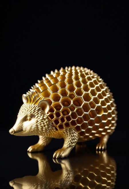 8K analog photo, 3d printed gold Hedgehog Statue made of Honeycomb Structure, WhiteMold, Walking, dark background, minimalist,