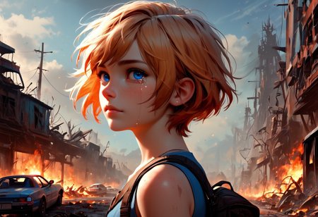 1girl, Masterpiece, 4k, ultra high detail, score_9, score_8_up, score_8, 18yo, petite, medium breast, short blonde hair, fcNeg, stunning blue eyes, freckles, white skin, small nose, innocent beauty, slim face,  skinny petite body, 
Torn sport clothes
Fear in her eyes, crying, 
Sideview,  Apocalyptic scene, burning skyscraper, burning city, derstroyed cars, a huge asteroid swarm in the sky, 
Many asteroids in the sky, 
End of the World, 
negative_hand, NightScapes,