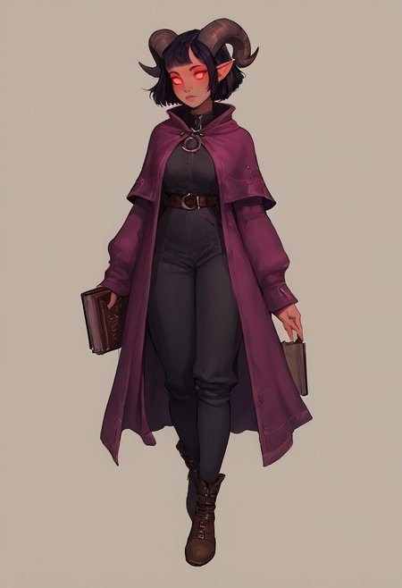 score_9, score_8_up, score_7_up, score_6_up,source_anime, 1girl, A full body, bmcostume, beautiful woman purple tiefling. dark detailed glowing eyes,  curled ram horns. short hair with one side shaved. wizard red velvet in robes,dungeons & dragons tiefling realistic high definition, book cases, library background