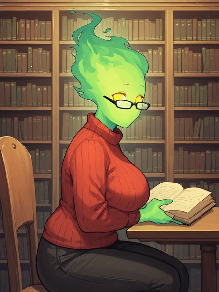score_9, score_8_up, score_7_up, score_6_up, score_5_up, score_4_up, detailed background, inside, library, bookshelf, table, chair, side view BREAK <lora:FireHuman:1> FireHuman, green fire, empty eyes, yellow eyes, looking at viewer, glasses, mouthless, plump, big breasts, red sweater, black pants, holding book, sitting