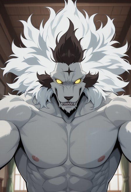 masterpiece,best quality,amazing quality, 1boy, solo, b43k, furry, colored sclera, no pupils, naked, glowing eyes, white fur, 
indoors, dominant, submissive pov, chest focus,