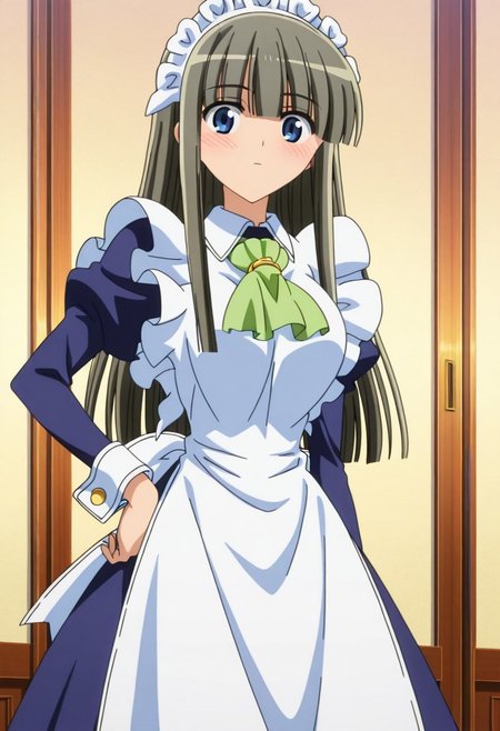 official art, detailed anime, finetuneanime,anime screencap, ultra detailed anime art, anime screencap, screencap, score_9, score_8_up, score_7_up, masterpiece, anime coloring, source_anime, cowboy shot, standing, Fubuki Maid, 1hand on hip, 1girl, solo, maid, maid headdress, blue eyes, blush, maid, green ascot, jewelry tie, sidelocks, long hair, large breast, curvy, large hips, pantyhose, shoes, cinnamon gray hair, sidelocks apron, blue dress, white pantyhose, blunt bangs, white patent cuffs, long sleeves, frills, juliet sleeves, maid apron, mary janes, very long hair, puffy sleeves, hair over eyes