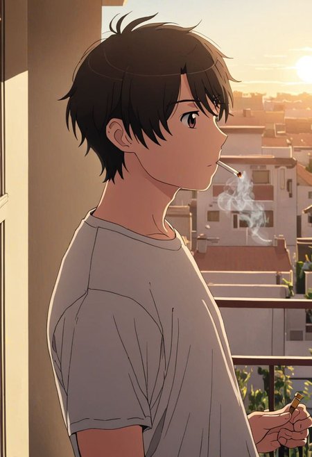 high resolution, solo, best quality, 1Boy, Inaho Kaizuka, Black Hair, Brown Eyes, home balcony, morning, cigarette, coffee, t-shirt, shorts, looking away, OverallDetail