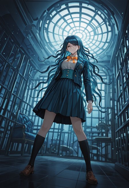 masterwork, masterpiece, best quality, detailed, depth of field, , high detail, best quality, very aesthetic, 8k, dynamic pose, depth of field, dynamic angle, adult, aged up, <lora:86nononostyle:1>,86_(nononononoway)  , <lora:Tsumugi_Shirogane_Illustrious:0.1>,danganronpa_(series), danganronpa_v3:_killing_harmony, shirogane_tsumugi, 1girl,black_socks, blazer, blue_corset, blue_hair, blue_jacket, blue_skirt, bow, bowtie, breasts, brown_footwear, buttons, collared_shirt, corset, glasses, jacket, kneehighs, layered_sleeves, long_hair, long_sleeves, medium_breasts, medium_skirt, open_clothes, open_jacket, orange_bow, orange_bowtie, pleated_skirt, pocket, round_eyewear, shirt, shoes, sidelocks, skirt,socks, very_long_hair, wavy_hair, white_shirt, velvet room, blue interior, elegant furniture, prison bars, mysterious atmosphere, otherworldly space, liminal realm, metaphysical prison, supernatural sanctuary, dimensional pocket, mystical chamber, ethereal lighting, abstract space, psychological realm