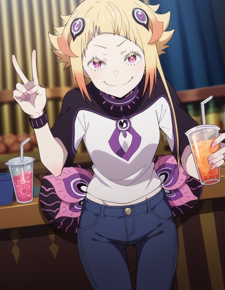 score_9, score_8_up, score_7_up, source_anime, <lora:capella-emerada-lugunica-s3-p1-ponyxl-lora-nochekaiser:1>, capella emerada lugunica, short hair, blonde hair, hair ornament, pink eyes, multicolored hair, gradient hair,, shirt, t-shirt, white shirt, pants, denim pants,, izakaya, drinks, food, stools, social, smile, v, v over mouth, smug,, looking at viewer, solo,, dutch angle, cowboy shot