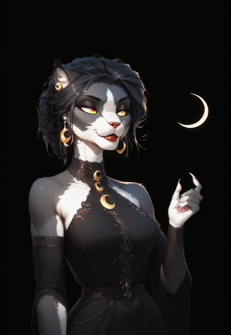 (Blend_in, pitch black background), score_9, score_8_up, score_7_up, (high contrast, sidelightning, upper body), beautiful, 1girl, solo, Ember (ESO), Feline, Furry, Anthro, black and white fur, yellow eyes, crescent moon earrings, lace choker band, matte red lips, black evening dress, halterneck, lace-trimmed fingerless elbow gloves, black clothes, bare shoulders, looking away, hand up, sharp nails, (crescent moon:1.2)