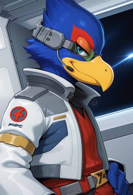 masterpiece,best quality, amazing quality, 1boy, solo, ,f4lc0, bird boy, green scouter, grey headset, red jumpsuit,  white jacket, close up, side angle, smug, smirk,

 space, space ship, bedroom,