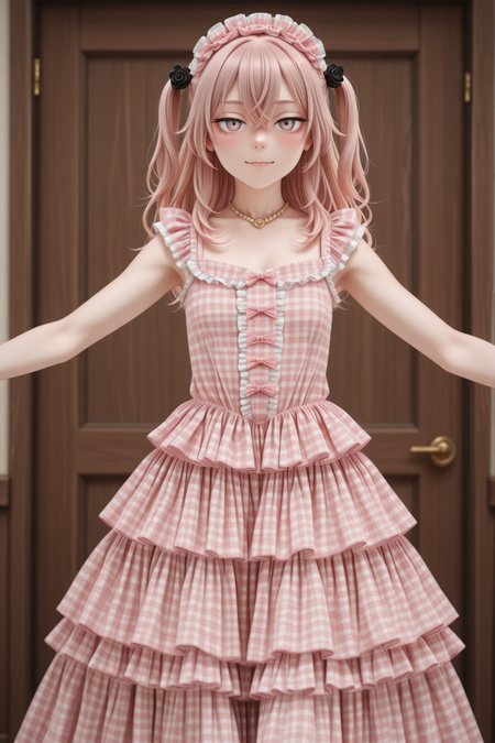 masterpiece, best quality, amazing quality, 1girl, solo, makeup, general, looking at viewer, blush, cowboy shot, smile, boutique, indoors, fancy, blush, lovely, spread arms, looking at viewer, <lora:sajuna-inui-s1-illustriousxl-lora-nochekaiser:1>, sajuna inui, inui sajuna, long hair, bangs, hair ornament, hair between eyes, pink hair, pink eyes, two side up, crossed bangs, black flower, black rose, mature female, small breasts, <lora:Showaretro_sweetgirl_cakedress:1>, Showaretro_sweetgirl_cakedress, dress, plaid, hair ornament, jewelry, necklace, frills, bow, bracelet, hair bow, shoes, sleeveless, frilled dress, (layered skirt:1.2), (ribbon hairband:1.1), ((plaid long dress, long dress)), white pantyhose, <lora:wai-2Rectified-V140:1>, <lora:Illustrious_-_Refiner:1>