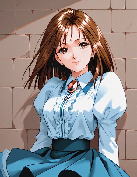 score_9, score_8_up, score_7_up, source_anime, masterpiece, high quality, 1girl,
 <lora:ShirakawaReiko_Pony_v01:1> shirakawareiko, brown hair, brown eyes, shirt,  puffy sleeves, brooch, skirt, 
smile, head tilt, medium breasts, 
sitting, grey wall,