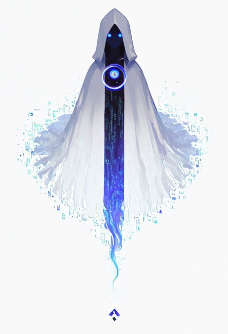 p0st_1mp4ct style, In the style of ff-nn, A mysterious, hooded figure stands at the center of a surreal digital void, its form dissolving into mysterious calligraphic symbols. The figure's face is featureless except for two glowing, white, circular eyes that pierce through the darkness. The heavy cloak drapes down like an endless abyss, gradually disintegrating into jagged, glitch-like patterns at the edges, as if the character itself is a part of the digital space, fading into the surrounding environment. Behind the figure, a mesmerizing vortex of light and color spirals outward, composed of concentric rings filled with flickering pixels, digital noise, and mysterious calligraphic symbols. The colors range from crimson to pale gray, creating a striking contrast against the dark void. Small, glowing particles float through the air, <lora:Evangelion_Post-impact_Apocalyptic_Style_Flux.1_D_by_AutoPastel-000019:0.35> <lora:Style_Calligraphy_ART:1.00> <lora:Neo_Noir:0.39>