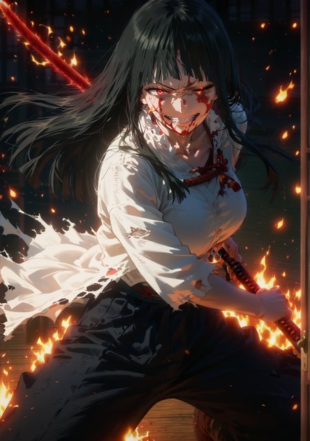 <lora:My_Hero_Academia:0.8>,<lora:AIã¤ã©ã¹ããããã:0.5>,source_anime,score_9,score_8_up,score_7_up,score_6_up,dark theme,dark background,low light,dojo,
1girl,solo,<lora:age_slider_v4:1.4>,adult,tall female,hime cut,black hair,long hair,bangs,blunt bangs,full bangs,straight hair,red eyes,pale skin,skindentation,petite,toned,(thick thighs:0.6),large breasts,evil smile,half-closed eyes,glowing eyes,head tilt,eye sparks,flaming eye,dougi,holding katana,stance,torn clothes,black baggy pants,white top,blood,blood on face,one eye closed,<lora:battoujutsu_stance_24retry_pony_rework_final_svd_d8:0.8>,teeth,flaming sword,