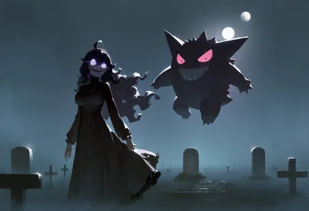 astero, scenery, pokemon \(creature\),
dino_(dinoartforame),
masterpiece,best quality,very aesthetic,newest,
gengar,
1girl,
hex maniac,
purple hair, floating hair,
dress, large breasts, glowing eyes, evil smile,
night, dark, moon, tombstone, cemetery, fog, dark <lora:AsteroIllustriousXL_byKonan:1>