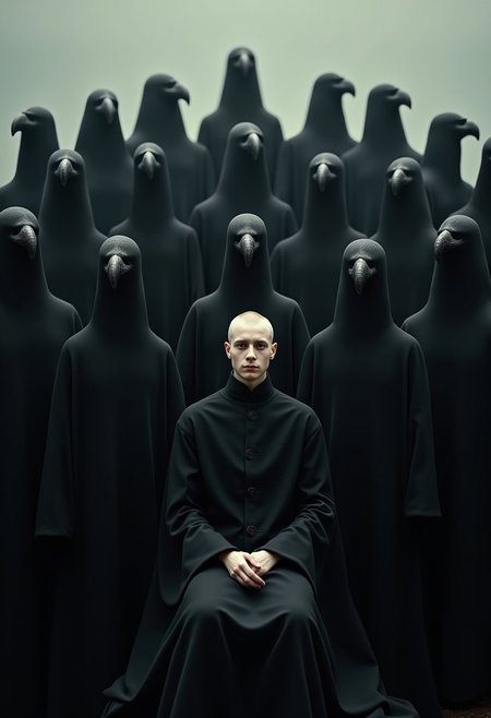 Depict a surreal gathering of black-robed figures with bird-like heads, their forms arranged in a tiered pattern, creating a powerful visual hierarchy. At the center sits a pale, serene human figure, their stark contrast illuminated by soft, ambient lighting. The subdued tones and diffused glow enhance the mysterious and otherworldly atmosphere.