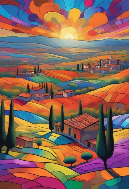 Rolling hills of Tuscany in a vibrant psychedelic style, with bold, surreal colors separated by sharp black lines, creating a stained-glass effect. A small village in the distance with terracotta rooftops and stone walls, stylized with vivid hues of purple, blue, and orange. Cypress trees and wildflowers rendered in exaggerated, kaleidoscopic patterns. Golden sunlight breaking through in fragmented beams, casting a dreamlike glow over the landscape. Highly detailed, surreal composition, inspired by psychedelic art and Italian countryside aesthetics, 8K resolution, vivid and trippy yet harmonious color palette, a mesmerizing and otherworldly mood.