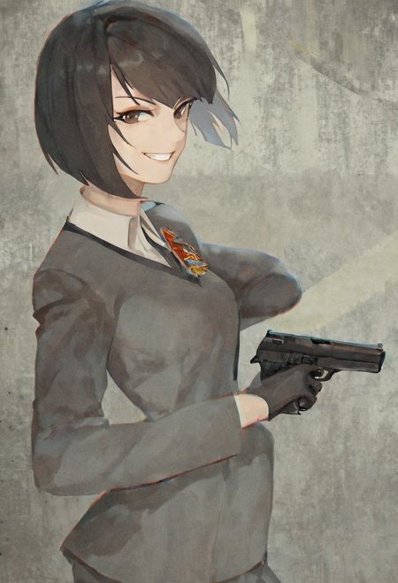 handgun, looking at front, ss uniform, short hair, black hair ,brown eyes, grin,  holding a pistol, James Bond style