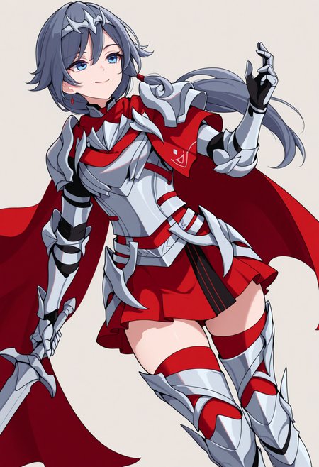 masterpiece, best quality, 1girl, solo, HuaFiASw, blue eyes, grey hair, long hair, low ponytail, circlet, silver armor, red cape, silver gauntlets, red skirt, red thighhighs, silver armored boots, holding sword, smile, dutch angle, simple background, <lora:ChamFuHuaNoob:1>