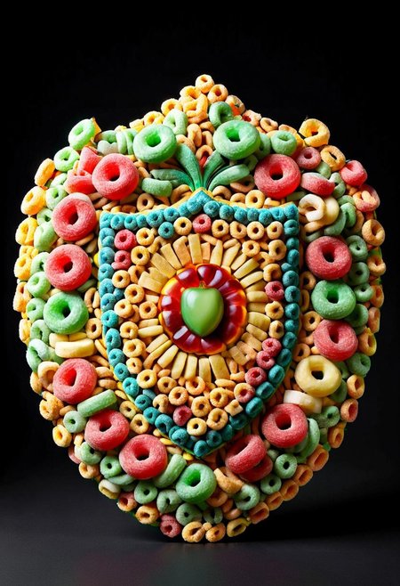 A photorealistic image of a majestic shield (made of fruit loops:1.2),
intricate details, dramatic composition, tension, contrast, texture, realism, high quality, stunning art, film grain, volumetric lighting, detailed, 
simple background, black background,