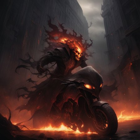 Dark Fantasy Art, Dark Moody Atmosphere, dramatic, mysterious, dark moody atmosphere, dark, moody, dark fantasy style, realistic anime,
BREAK,
Ghost Rider rockets up the skyscraper, his flaming motorcycle scorching a fiery path over glass and steel,
BREAK,
His skull, engulfed in hellfire, casts a sinister, flickering glow, with empty eye sockets seething with vengeful fire,
BREAK,
Flames curl around his skeletal form, his leather jacket and pants seared and frayed, smoldering as he rides,
BREAK,
Each wheel turn burns the glass, leaving molten streaks that trail behind him, and the building quakes under his ascent,
BREAK,
His engine’s roar echoes against the steel, blending with the hiss of flames in a symphony of raw, otherworldly power,
BREAK, 
sitting on his bike, cracked roadway, cracked road, skull, from side, low angle shot,