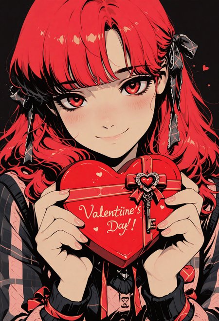 Photo of anime girl holding a heart-shaped box, close-up, one girl, solo, box, long hair, red eyes, Valentine's Day, smiling, happy Valentine's Day, looking at the viewer, blush, jewelry, lots of small heart decorations in hair, wavy long, fluffy red hair, holding, heart, upper body, heart-shaped box, long sleeves, arranged bangs, sweater, closed mouth, detailed and careful background, nice background, webtoon, expressive, tied ribbon decoration, pleated skirt, checked tartan, layered ruffles, lace hair ribbon, faintly pink light makeup, popular model Valentine's Day outfit, long boots with key chain, cute nails,
sinozick style, flat color, dark theme, in the style of cksc, illustration, masterpiece, (extremely detailed CG 8k), (very fine 8K CG), (ultra detailed perfect piece:1.2), lat color, no lineart,,(no lineart, flat art style:1.0), NO_LINE_ART, comical, simple,
 <lora:Sinozick_Style_XL_Pony:0.35> <lora:NOOB_vp1_detailer_by_volnovik_v1:1> <lora:ponyv6_noobV1_2_adamW:0.9> <lora:ck-shadow-circuit-IL:1>
