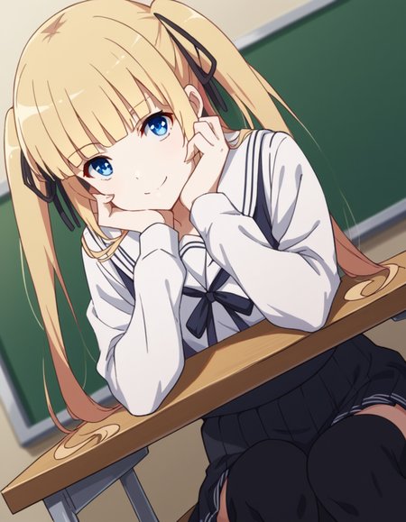 score_9, score_8_up, score_7_up, source_anime, <lora:eriri-spencer-sawamura-s2-ponyxl-lora-nochekaiser:1>, eriri sawamura spencer, blonde hair, blue eyes, blunt bangs, hair ribbon, hime cut, long hair, twintails,, black ribbon, black skirt, black thighhighs, pleated skirt, ribbon, school uniform, skirt, zettai ryouiki,, indoors, smile, looking at viewer, solo, sitting, head rest, table,, cowboy shot, dutch angle