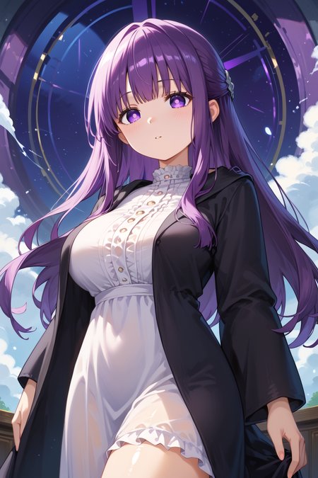 score_9, score_8_up, score_7_up, source_anime, 1girl, prefect lighting, very aesthetic, intricate details, highly detailed background, masterpiece, high quality, prefect hands, best quality, solo,
<lora:Fern_Pony:1>, purple_eyes, purple_pupils, purple_hair, long_hair, large_breasts,
purple_eyes, purple_pupils, purple_hair, long_hair, large_breasts, white_dress, black_robe, frills,
 blush, cowboy shot, dutch angle, looking at viewer, detailed beautiful face, elegance, graceful, elegant pose, dynamic angle,
16k, 8k, 4k,
best quality, masterpiece,
anime screencap, anime coloring,
shiny skin, skin_detail, lustrous_skin, skindentation,
<lora:Expressive_H:0.25>, ExpressiveH,
<lora:StylizedDetailed:0.25>
<lora:sdxl2-flat2-512b:-0.4>,
<lora:offset_0.2:0.5>
<lora:sdxl-hairdetailer_02:0.35> <lora:xl_more_art-full_v1:0.45>