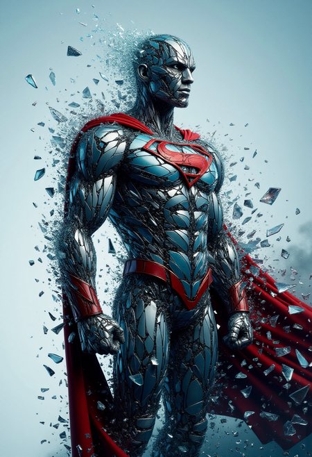<lora:Glass_Fracture_Former_FLUX-000017:0.9>
This is a digital artwork featuring a stylized, surreal image of a superhero  made entirely of shattered glass.