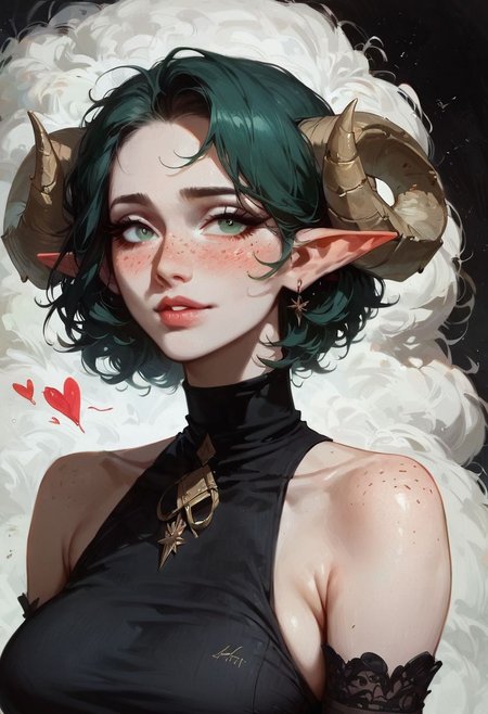 (score_9, score_8_up:1.1), score_7_up,  1girl, solo, expressive, hearts, dynamic, dark green hair, short hair, green eyes, pale skin girl, pale skin, freckles, turtleneck, bare shoulders, blush, elf ear, looking_longingly, sheep horn, circled horn, big boobs, seductive, sexy_woman, black background  <lora:sdxl/Expressive_H-000001:0.8> <lora:sdxl/pony_twilight_style:0.8>