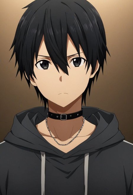 high resolution, solo, best quality, 1Boy, Kazuto Kirigaya, Black Hair, Black Eyes, bangs, necklace, choker, hair between eyes, Hoodie, OverallDetail