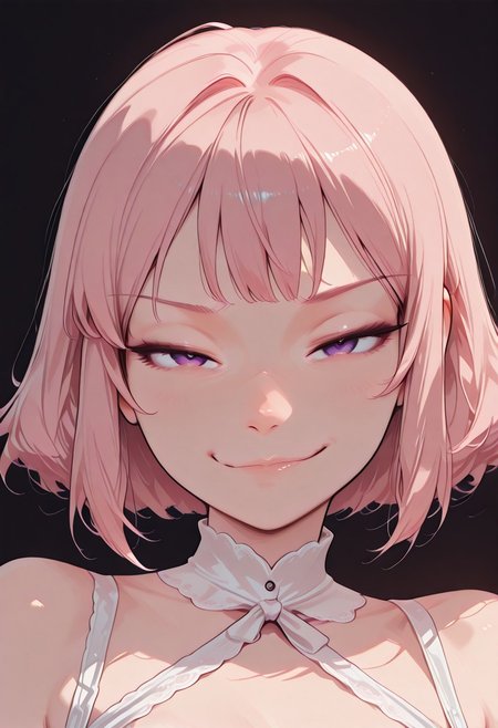 HDR, 8K, high contrast, masterpiece, best quality, amazing quality, very aesthetic, realistic, newest, volumetric lighting, 
(artist:incase:0.5), (artist:tsuaii:0.5), (flat colors:2), haiz_ai, no lineart, no outline, 
1girl, solo,close up portrait, looking at viewer,, cut3c0m1c, light, shadow, 
CivChan, purple eyes, pink hair, white lingerie,
gentle smirk, submissive