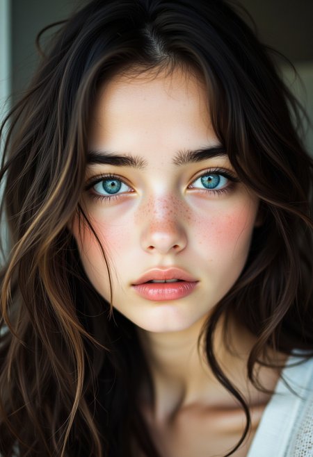 A stunning teenage Swedish girl with flawless, model-like facial features and large, captivating eyes that exude a sense of strength and innocence. shallow depth of field, incredibly detailed, photoshoot, model-like features, natural beauty, minimal makeup, youthful charm,