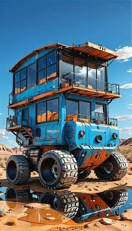 no humans, ground vehicle, sky, outdoors, desert, motor vehicle, cloud, vehicle focus, scenery, building, Tracked Vehicle, Traction City, blue paint, black paint,
black and orange paint, paint scratches, metal scratches,
(ultra sharp focus:2), (detailed windows:2), (thin lines:2), (reflections:2),
(best quality:1.8),
<lora:Apparatus_-_Traction_City_Walkers_Vehicles:0.8>