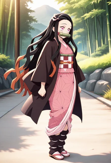 newest, masterpiece, best quality, 4k,
outdoors, very aesthetic, detailed background, full body,
1girls, solo,   <lora:Nezuko Kamado - Demon Slayer:1> nezuk0, kamado nezuko, black hair, multicolored hair, long hair, pink eyes, pink ribbon, japanese clothes, pink kimono, checkered sash, obi, haori, gagged, bamboo bit gag