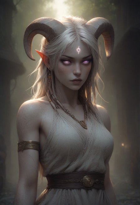(absurdres, best quality, masterpiece:1.4), score_9, score_8_up, score_7_up, score_6_up, detailed, detailed body, detailed face, world of warcraft, fantasy, <lora:add-detail-xl:1.5>,
fFaceDetail, (female, draenei, h0rns, ram horns, white horns, tall, athletic arms, pale white skin, long white hair, purple eyes, no pupils, no sclera, long white tail, long fingers, purple fingernail polish), 
(long loose white dress, white silk scarf, tail under dress, simple armlet, small yellow gem pendant, small yellow gem earrings),
upper body, front view, looking at viewer, 
depth of field, outdoors, (fantasy faire, wooden village), (crowds in background, fantasy clothing, human, varied clothing)