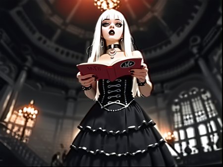 (score_9,score_8_up,score_7_up:1), 1girl, full body, low pov angle, dusk lighting, astonished, (goth, black lipstick, silver jewelry, silver piercings, black mascara, black eyeshadow), saggy breasts, (toned), white hair black highlights,choker, eyeshadow, (bloodless white rough skin), (reading), ship crystalline cavern, (<lora:goth_clothes:1>, vampire dress, black details, red lining), <lora:Vintage_VHS:1> v1nt4gevhs
