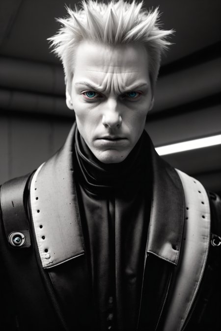 dark colors,RAW photo,realistic,detailed,8k uhd, dslr,sharp,volumetrics dtx,soft lighting,futuristic, (dhomochevsky), man, strong, manly,((pale skin)),(((one closed eye))), spiked hair, white hair, looking at viewer,((facing viewer)), close-up,(angry, expressionless:1.2),closed mouth,portrait, tubes, concrete, mega structures,decrepit scenery, <lora:blamev2:0.8>