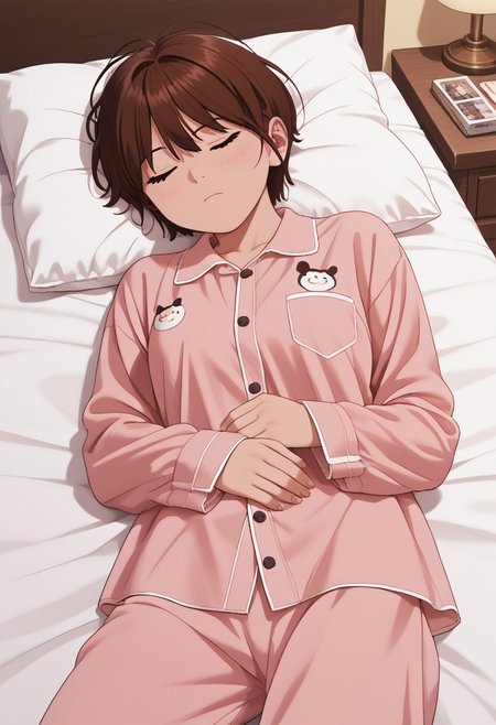 Masterpiece, Highest Quality, Score_9, Score_8_up, Score_7_up,
source_anime. anime style. masterpiece, highres, absurdres. Best resolution
anime screencap, song jiwoo. 1girl. brown hair. short hair. gray eyes. tomboy. bedroom. sleeping. closed eyes. Lying position. pajamas. 
pink clothes