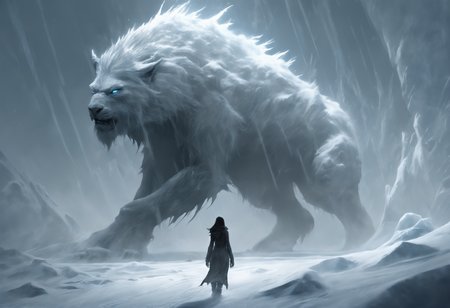 The monochromatic painting decipts two creatures, a wanderer observing a colossal frost-giantess of supernaturally beautiful appearance. She is walking barefoot through the snow. The background is dominated by ice and snow, creating a cold and hostile atmosphere. A blizzard rages and envelops the scene, adding to the intensity. The blizzard makes her appearance even more dramatic.

concept art, photo bashing, digital painting, matte painting, megascans, octane rendering, god rays, ray tracing, lumen, high-resolution
