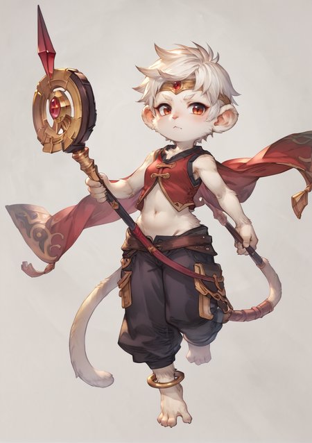 masterpiece, white background, simple background, shortstack, slender, white skin, 1girl, solo, very short hair, (white hair), round ears, monkey tail, monstergirl, furry arms, furry legs, white saggy pants, barefoot, anklets, red vest, sarashi, navel, staff, circlet <lora:Granblue_Fantasy_PSXL:1>, score_9, score_8_up, score_7_up, score_6_up, score_5_up, score_4_up, BREAK source_anime, masterpiece