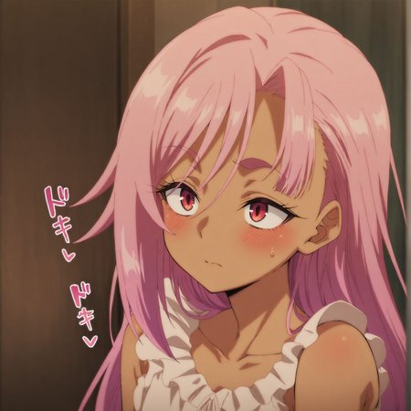 masterpiece,best quality,amazing quality,very aesthetic,absurdres,newest, huge filesize,
<lora:spo_sdxl_10ep_4k-data_lora_webui:0.5>,
hetai sound effects, 
BREAK
girl, dark skin, pink hair, long hair, red eyes, single sidelock,<lora:Liz_nageki_illus_v2_r1:1>,
