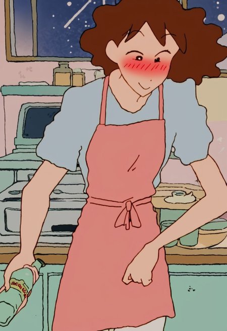 score_9, score_8_up, score_7_up, source_anime, masterpiece, high quality BREAK 1girl, solo, shirt, brown hair, parody, indoors, kitchen, night, nighttime, apron, drunk, blushing, smiling, happy, holding bottle