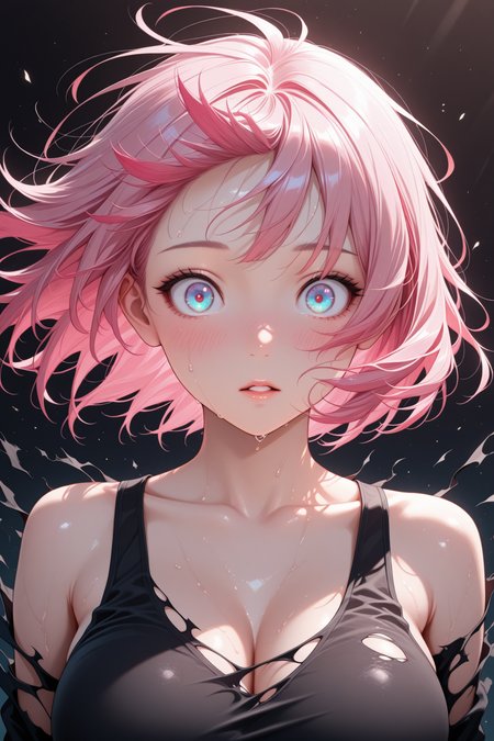 lazypos, 1girl, solo, multicolored eyes, upper body, collarbone, short hair, pink hair, multicolored hair, torn clothes, parted lips, bare shoulders, sweat, blue eyes, looking at viewer, floating hair, gradient eyes, black shirt, shirt, wide-eyed, blush, large breasts <lora:TrendCraft_The_Peoples_Style_Detailer-v2.1A-3_12_2025-JANKU:0.2>