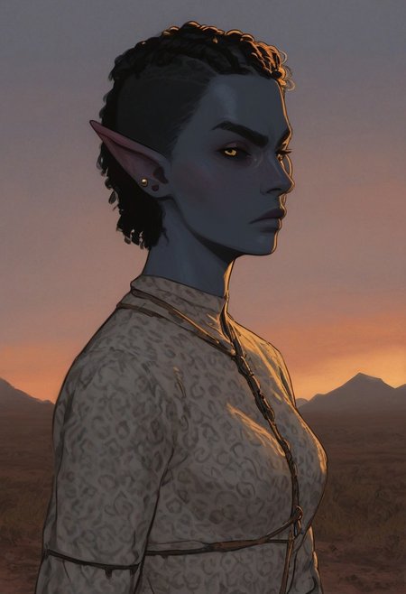 safe_pos, solo, short pointy ears, full body, action stance, piercings, random elf face, aquiline features, female dark elf, brow rings, beaded piercings, weathered skin, blue-grey skin, large nose, insect chitin armor, insect chitin helmet, insect chitin ornaments, stylized insect pattern, athletic build,  animated realism, zoomed out, Syrian features, torso, yurts, tents, native camp, elegant berber tapestries, dead desert trees, ash dunes, distant volcano, ashy soil, grey green foliage, distant grey hills, sunrise, gloomy lighting, grey fabric awnings, dark wood posts, light dust clouds, grey-blue skin, mahogany and ivory clothes, medium armor, bone plate armor, ivory straps and fittings, alien bone ornaments, grey wood neckguard, medium_breasts, grey sclera, black pupils, blue-green light, neon, highly detailed, defined features, looking at viewer, three quarters view, from side, dynamic lighting, 29 years old, light and shadows, patterned cloth, annoyed expression, expressive eyes, detailed medieval clothes, short hair, wavy hair, thick hair, beaded hair, braided hair, under cut hair, semirealistic, alien elf, spanish features, jewish features, black hair, dark red hair, desaturated blue skin, sharp features, pastel green inuit print cloak, nighttime, high detail, absurdres, pretty eyes, detailed eyes, yellow eyes,