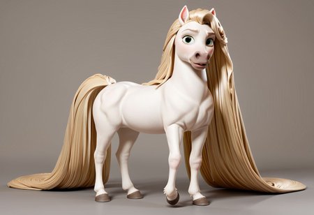 Score_9,  score_8_up,  score_7_up,  original style, 3d disney anime, Maximus the white horse, solo, super long hair, (A full body image of a horse with an endlessly long white Rapunzel-Style mane), (absurdly long white Rapunzel-Style mane:1.4), (meters of hair without end:1.2)